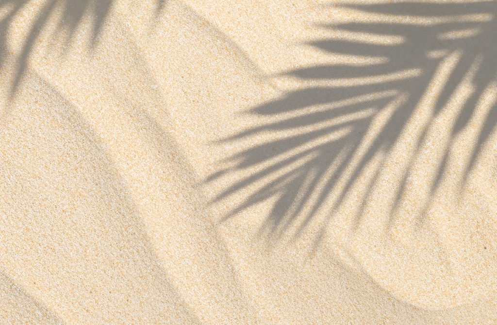 Summer Beach Sand with Palm Leaf Shadows: Top View of Tropical Paradise